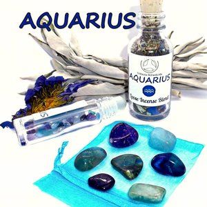 ♒ AQUARIUS Zodiac Gift Set ♒ Roller Bottle + Pocket Crystals + Incense Blend